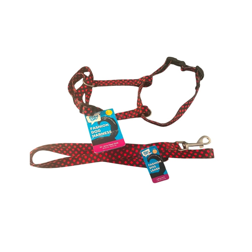 Play On! Dog Harness Leash Set Small Red Black NEW Diamond Pattern Walking Gear